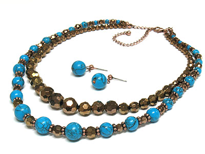 Multi torquoise look and ball bead double chain necklace set