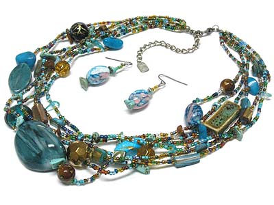 Multi strand candy and seed beqds necklace and earring set