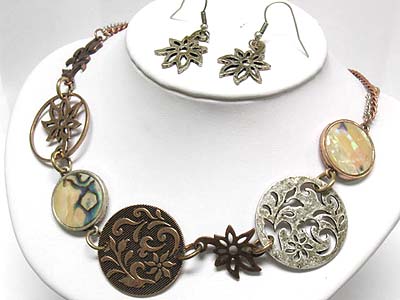 Metal filigree and abalne disk link necklace and earring set