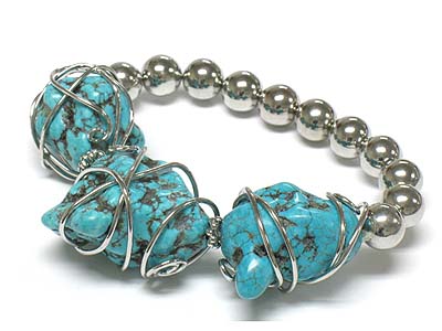 Metal wired turquoise stone and elastic beads bracelet 