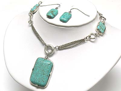 Rectangle turquoise stone pendant double strands necklace and earring set