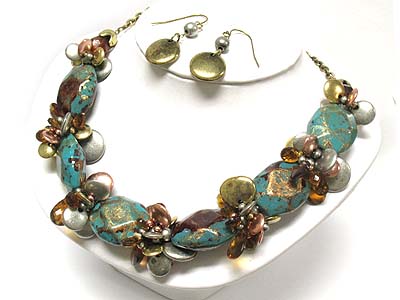 Multi metal charm deco patina stone link necklace and earring set