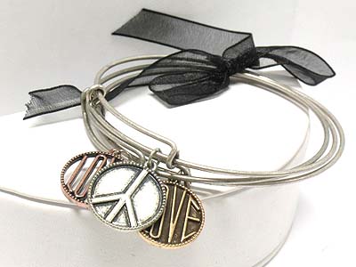 Cut out metal disk charms triple bangle liked by ribbon 