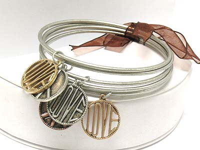 Multi cut out disk charms 5 bangle with ribbon