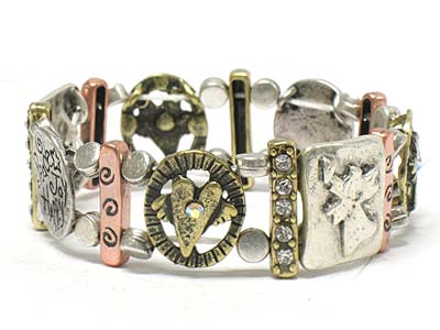 Crystal stud multi pattern filigree metal elastic bracelet