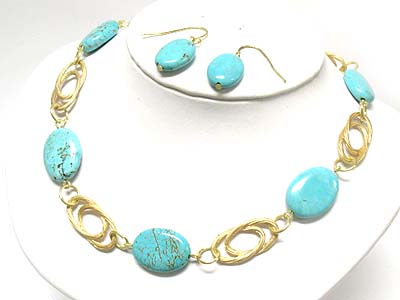 Turquoise oval stone and nautical chain link necklace and earring set