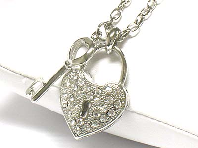 Crystal heart shape lock and key charm necklace 