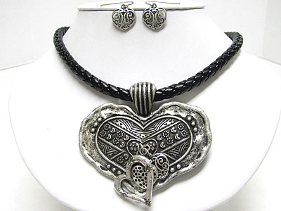 Antique look large textured metal heart pendant cord necklace set