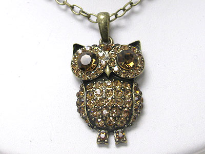 Crystal stud antique metal owl pendant  necklace