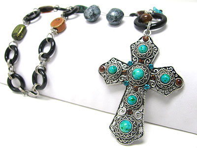 Mixed natural stone stud metal filigree cross pendant acryl cahin necklace set