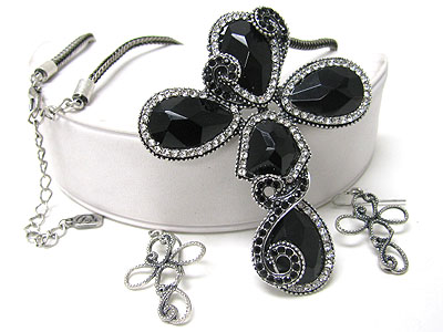 Crystal and facet glass deco cross pendant necklace set