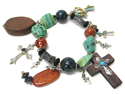 Mixed natural stone and woods multi cross dangle stretch bracelet