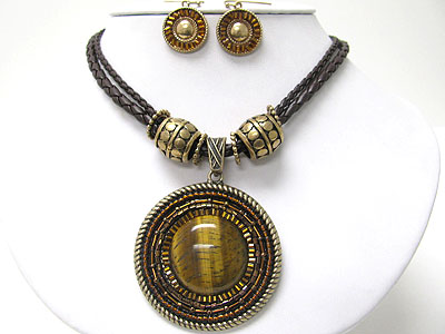 Natural stone round medallion braided cord necklace set