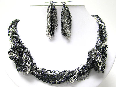 Tri tone braided metal cahin necklace set 