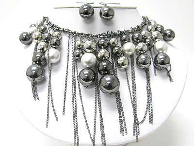 Tri tone metal ball and chain tassel drop neckalce set