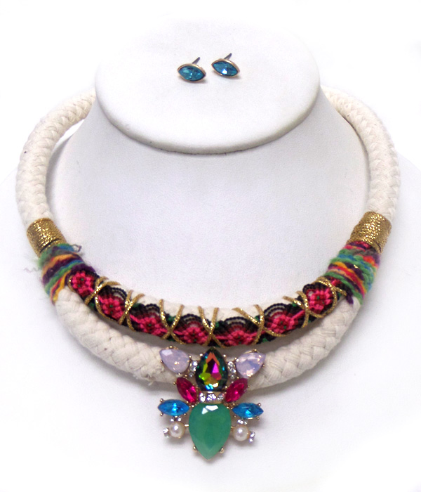 Double layer of rope with crystals necklace set