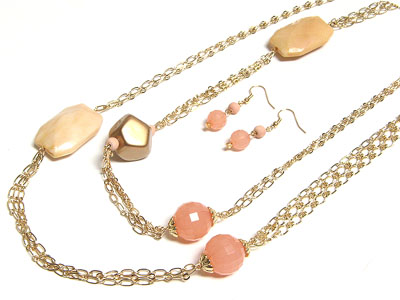 Muti chain spring tone natural stone  necklace and earring set