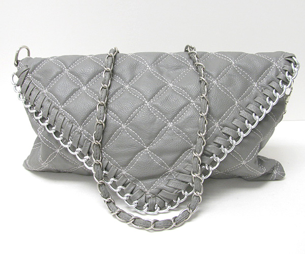 Criss cross leatherette and chain deco front flop bag - detachable chain strap