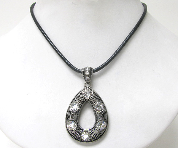 Crystal accent textured metal tear drop pendant necklace