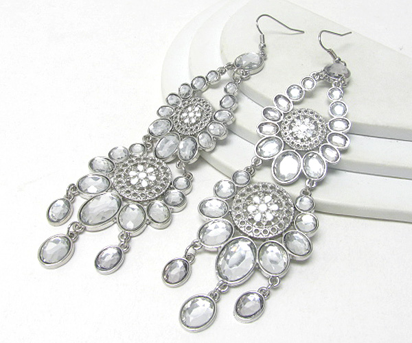 Metal filigree and epoxy flower disk and mult facet glass deco drop earring