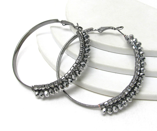 Double rhinestone and center glass bead hoop earring - hoops