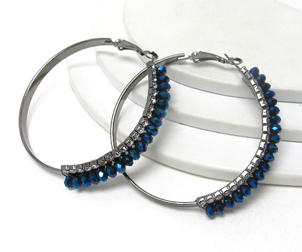 Double rhinestone and center glass bead hoop earring - hoops