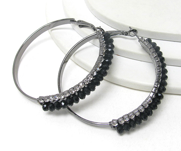 Double rhinestone and center glass bead hoop earring - hoops