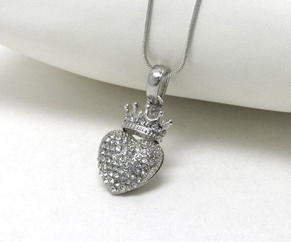 Crystal stud heart and crown pendant necklace