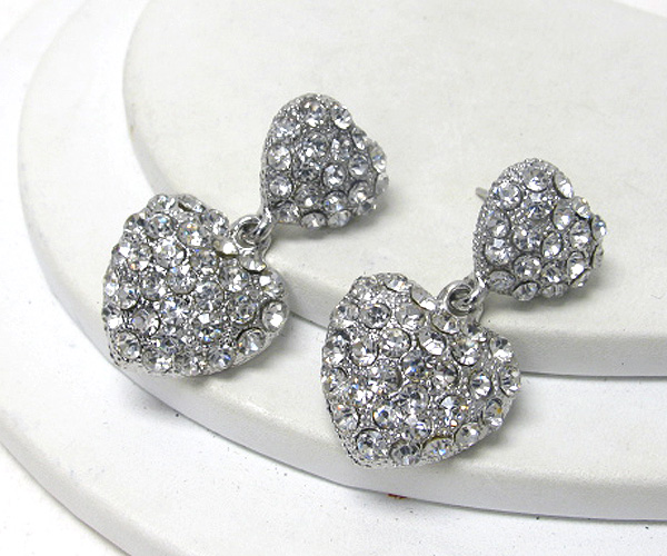 Crystal stud double heart drop earring