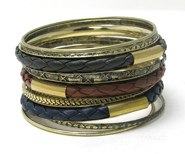 Multi woven leatherette and metal bangle stackable bracelet set