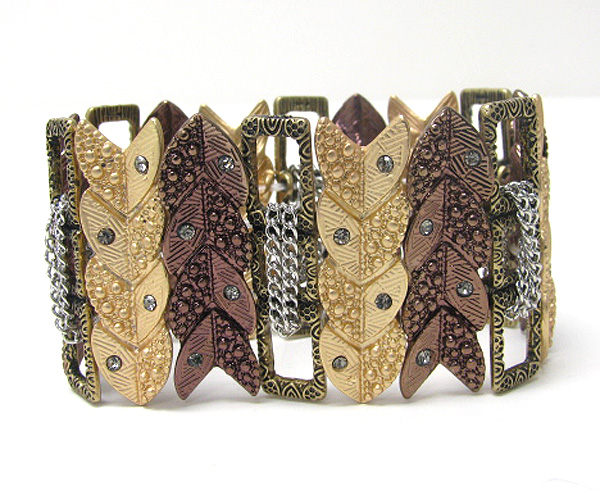 Crystal deco multi tone and textured metal and chain link stretch bracelet