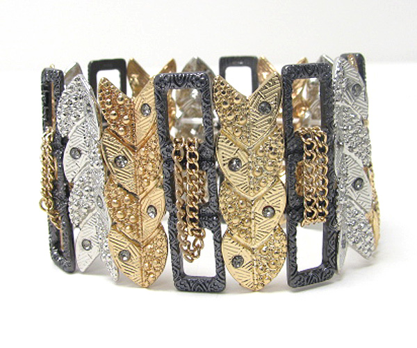 Crystal deco multi tone and textured metal and chain link stretch bracelet