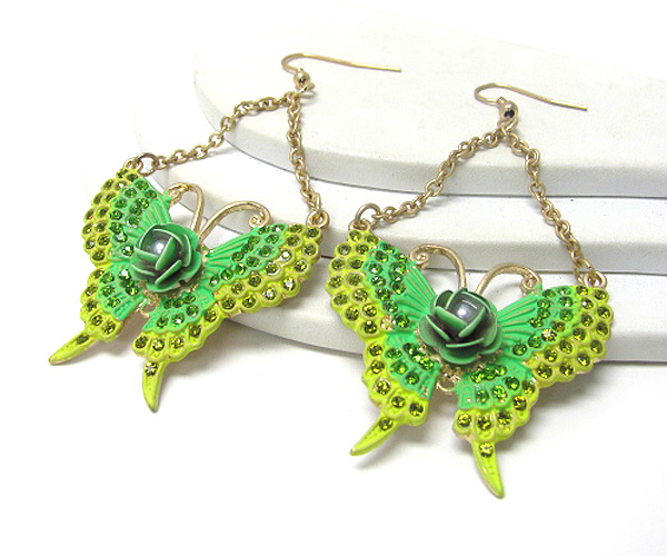 Flower center and crystal deco painted butterfly drop earring