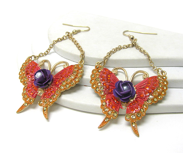 Flower center and crystal deco painted butterfly drop earring