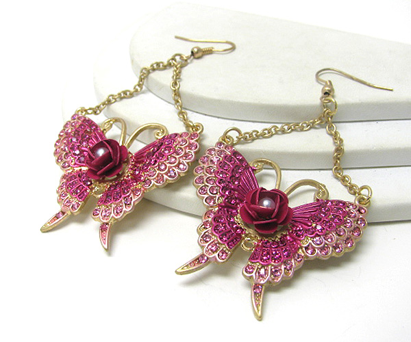 Flower center and crystal deco painted butterfly drop earring