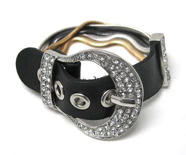 Crystal stud buckle and leatherette and snake chain mix band bracelet