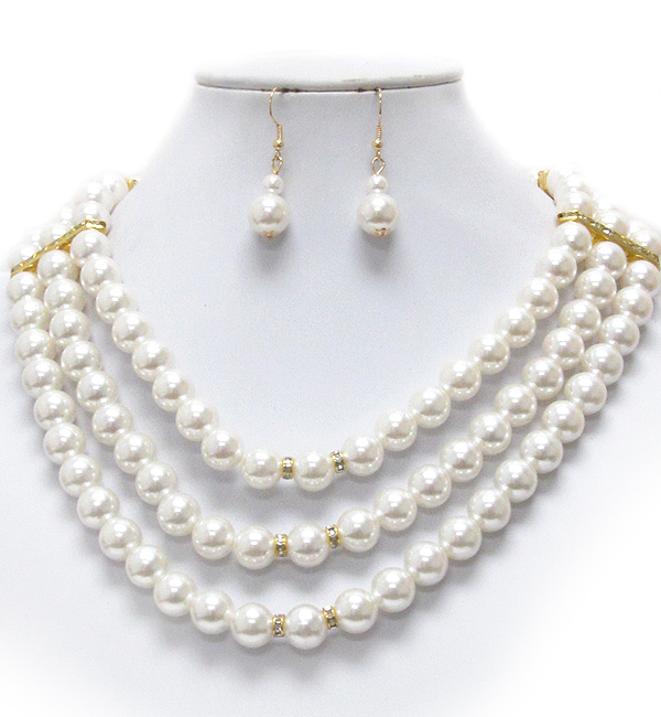 Crystal rondelle and multi pearl bead link 3 layer necklace earring set