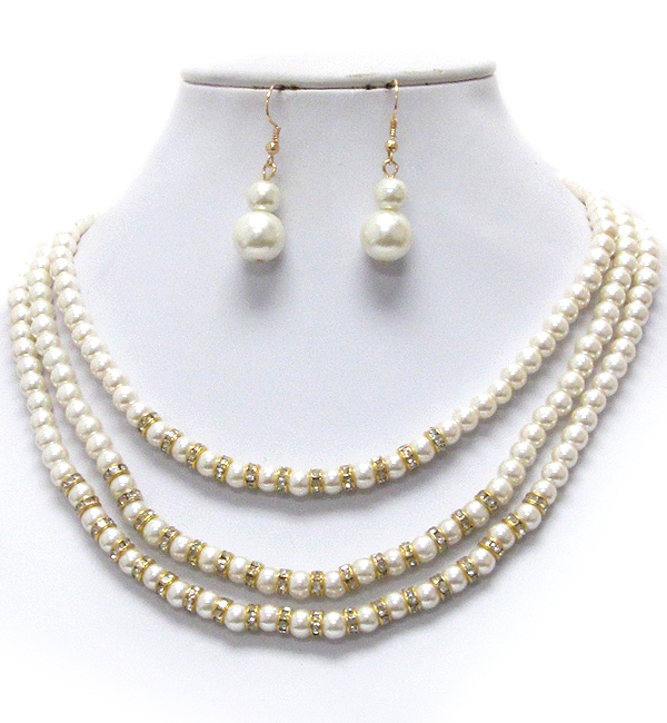 Crystal rondelle and multi pearl bead link 3 layer necklace earring set