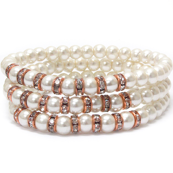 Crystal rondelle and multi pearl bead link stretch bracelet set of 3