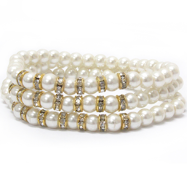 Crystal rondelle and multi pearl bead link stretch bracelet set of 3