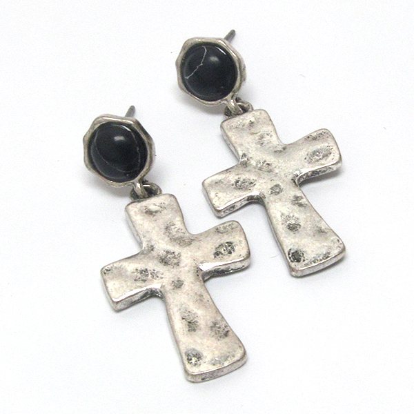 Hammered metal cross drop earring