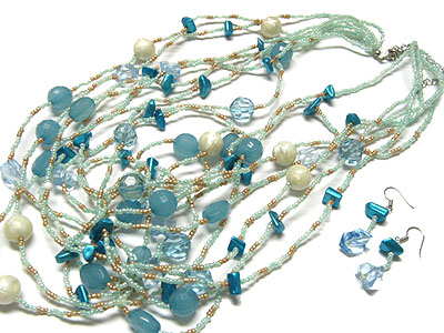 Multi strand pearl and glass beads necklace and earrings set