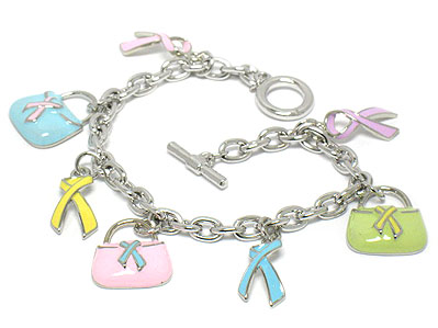 Spring color enameled ribbon and bag charm bracelet