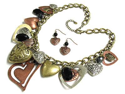 Multi anitque metal puff heart dangling necklace set