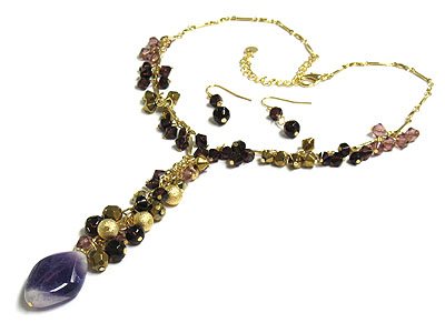 Semi precious stone and multi genuine glass beads y drop neckalce and earring set