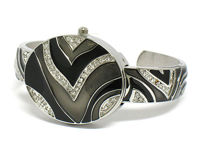 Crystal and enamel deco open cap face bracelet watch