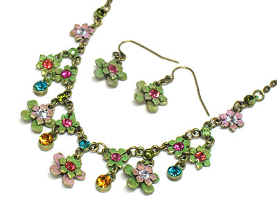 Austrian crystal and enamel flower  necklace and earring set