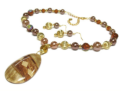 Wood mosaic pendant and genuine glass and pearl beads necklace and earring set