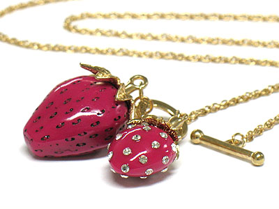 Crystal stud dual strawberry pendant and long necklace