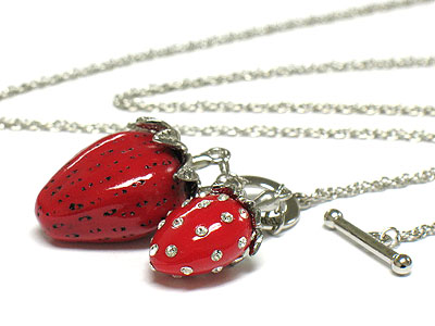 Crystal stud dual strawberry pendant and long necklace